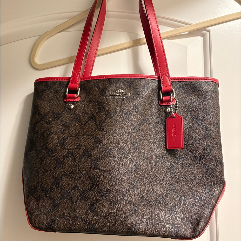 Coach Brown and Red Tote Bag with Signature Design. Excellent condition.